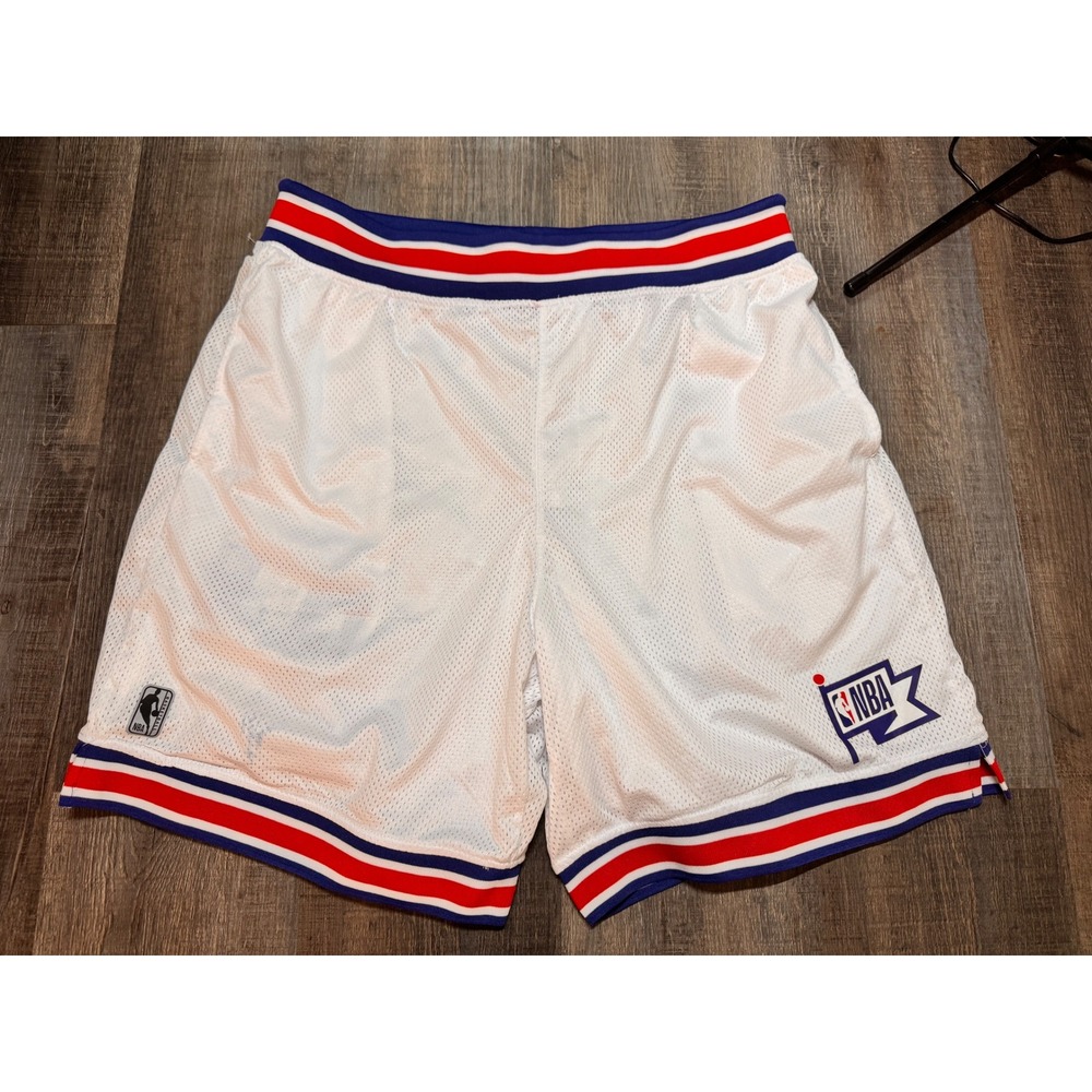 NBA Mens Basketball Shorts White Mesh Striped Trim Logo Athletic Size L